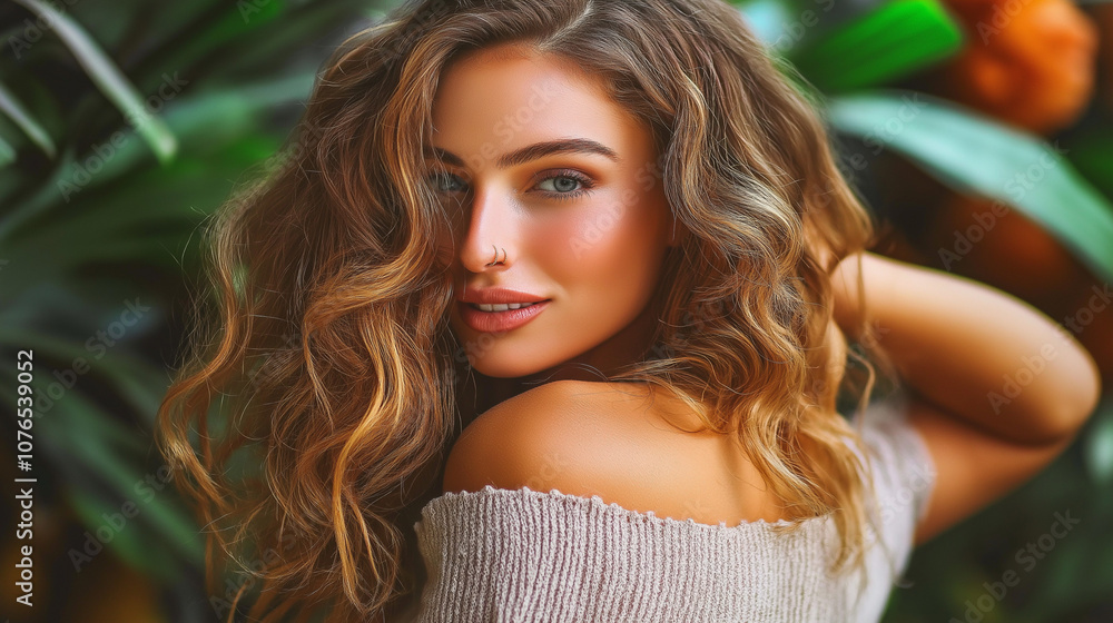 Fototapeta premium Smiling woman with long curls against green foliage