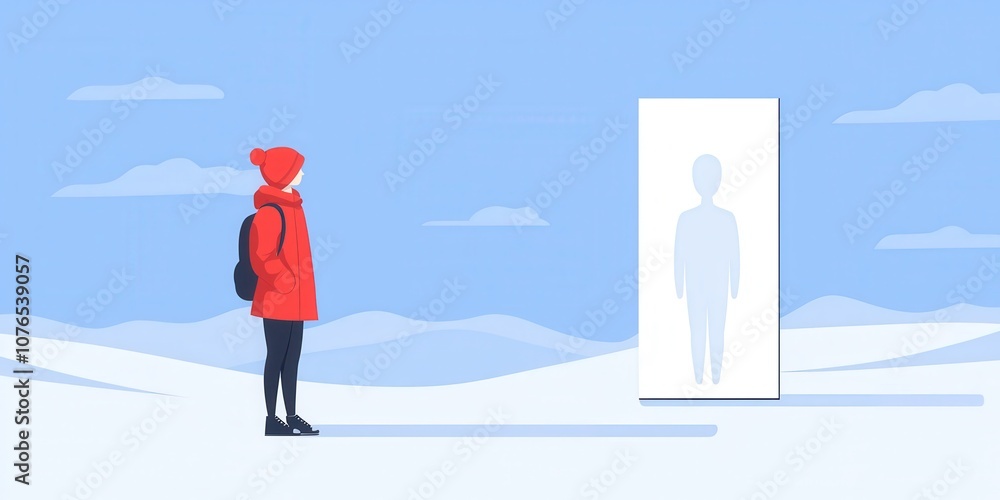 Obraz premium A figure in a red coat reflecting on self-identity in a snowy landscape.