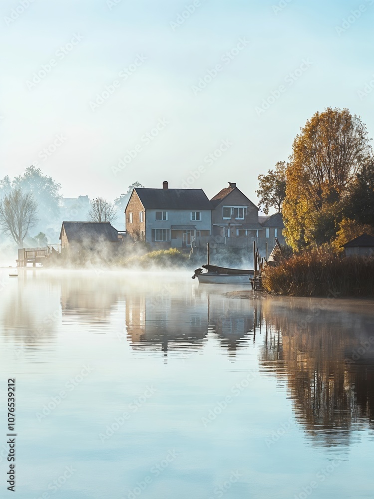 Obraz premium Explore the tranquil beauty of a misty morning by the river in rural landscapes
