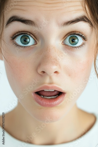 Surprised woman with freckles and open mouth.