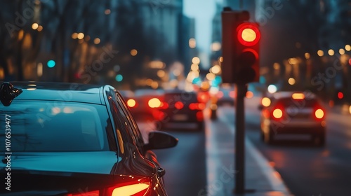Cars stopped at a red light in the city at dusk.