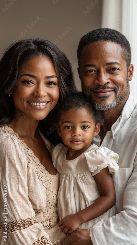 Smiling Black family with parents and young child at home Smiling Black family with parents and young child at home