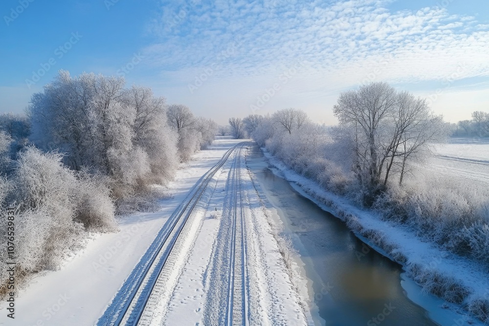 Obraz premium A train passes through a winter wonderland, with snow-covered fields and trees alongside the tracks