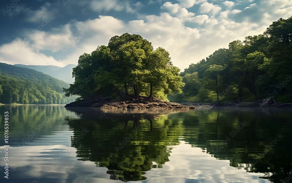 Fototapeta premium Serene lake scene with an island and lush trees reflecting in calm waters under a cloudy sky.