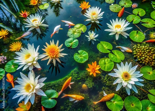 Stunning Aerial View of Echinodorus Palifolius Flowers Blooming with White Petals and Yellow Pistils in a Serene Fish Pond Surrounded by Lush Greenery and Calm Waters photo