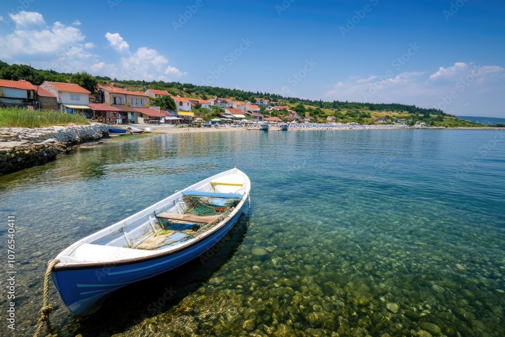 A small boat floating on calm water with no sail or oars, good for background or decoration A small boat floating on calm water with no sail or oars, good for background or decoration