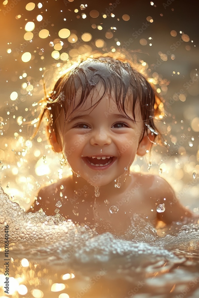 Joyful Little Boy, Age 1-2 Years, Smiling and Splashing in Water with Golden, Sparkling Sunset Joyful Little Boy, Age 1-2 Years, Smiling and Splashing in Water with Golden, Sparkling Sunset