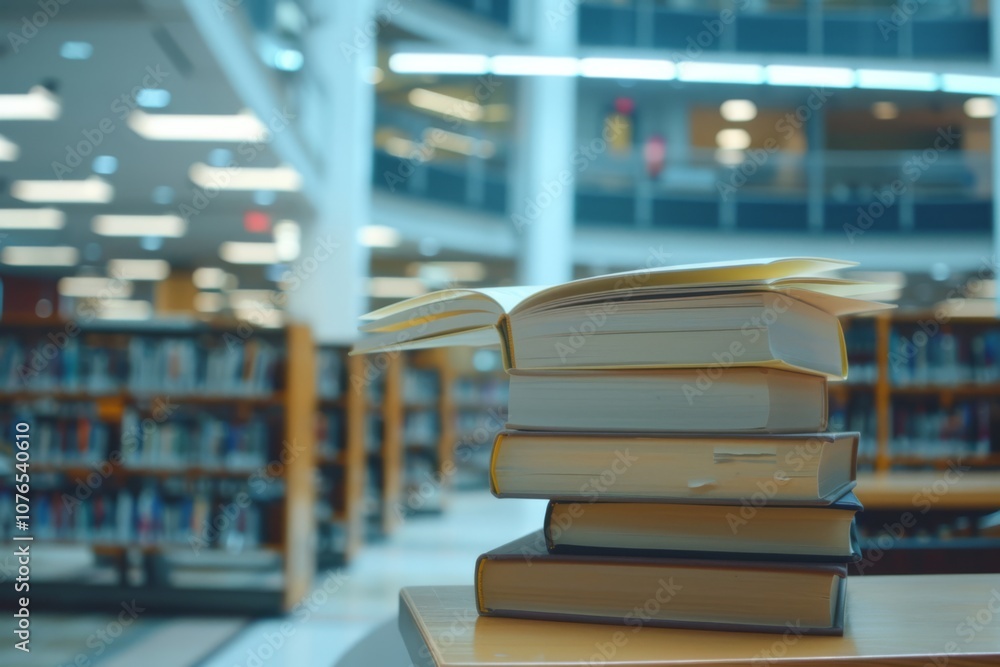 Stack of Books in Modern Library Setting Stack of Books in Modern Library Setting