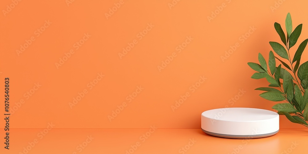 A minimalist display featuring a white circular pedestal next to green foliage against an orange backdrop. A minimalist display featuring a white circular pedestal next to green foliage against an orange backdrop.