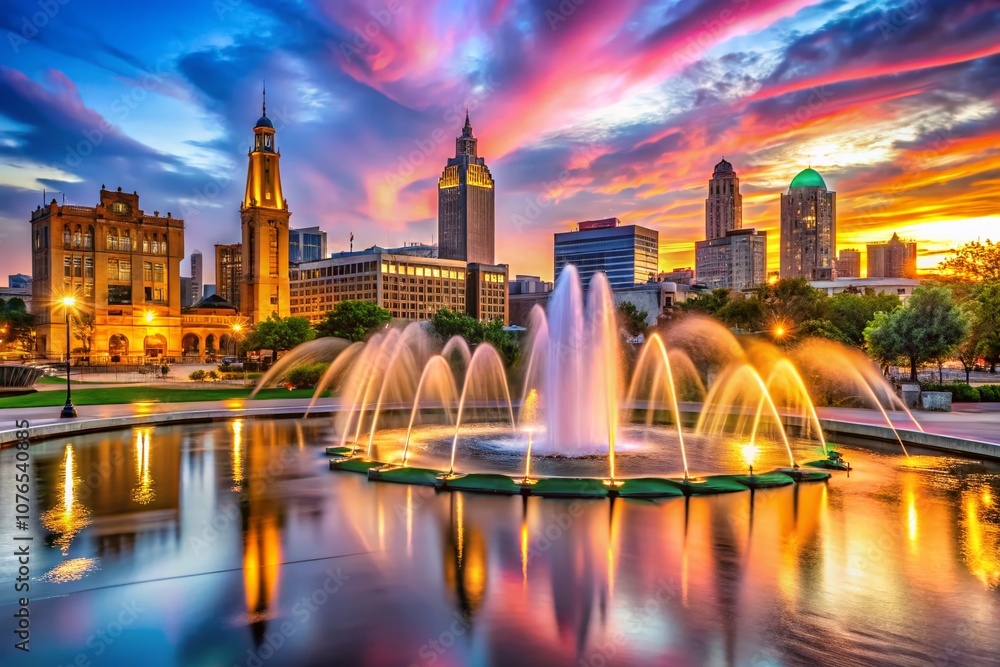 Fototapeta premium Stunning Architectural Photography of KC Fountains in Kansas City Showcasing Dynamic Water Features and Urban Landscapes Amidst Vibrant City Life
