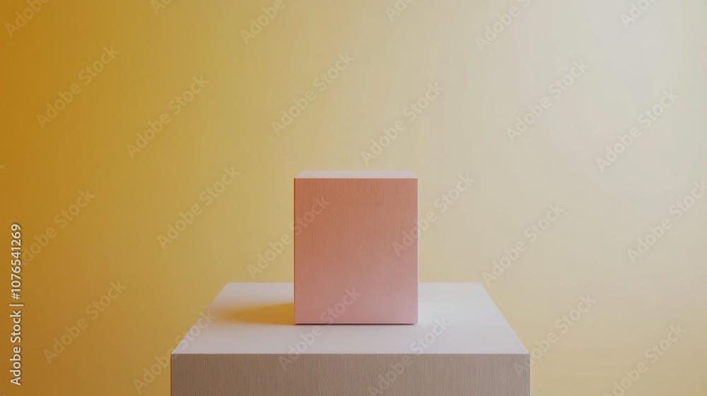 A pink cube on a white platform in front of a yellow wall. A pink cube on a white platform in front of a yellow wall.