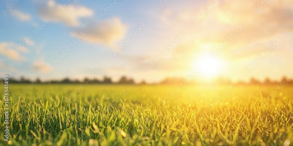 A peaceful landscape showcasing vibrant green grass under a bright sunset sky. A peaceful landscape showcasing vibrant green grass under a bright sunset sky.