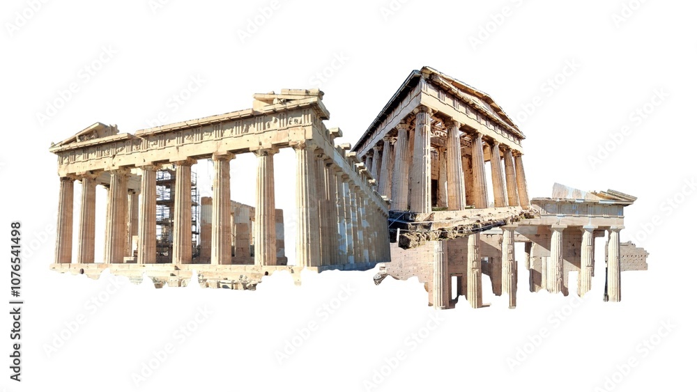 Obraz premium An illustrated collage showcasing ancient Greek architectural marvels, including the Parthenon, the Temple of Hephaestus, and the Propylaia, set against a white background.