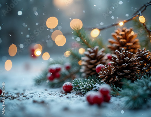 Christmas ball holidays scenic background with snowflakes, wooden table and Christmas decoration