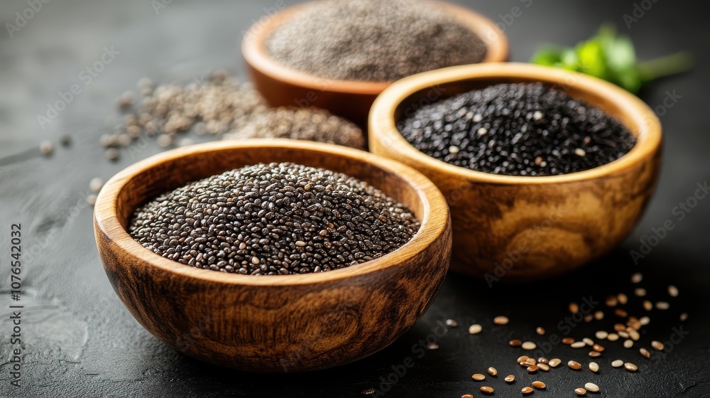 Black chia seeds in bowl on table. Perfect for recipes, articles, or blogs about health and wellness, showcasing the benefits of this superfood. Black chia seeds in bowl on table. Perfect for recipes, articles, or blogs about health and wellness, showcasing the benefits of this superfood.