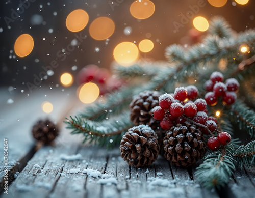 Christmas ball holidays scenic background with snowflakes, wooden table and Christmas decoration