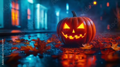 Glowing jack-o'-lantern on a rainy city street with a spooky Halloween vibe photo