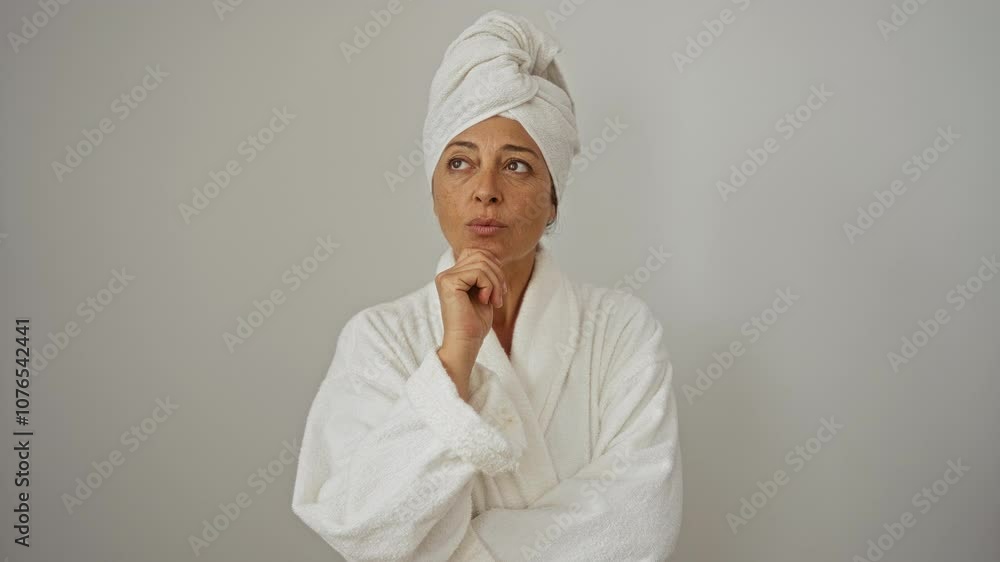 Middle age woman wearing bathrobe and towel thinking with pensive face and hand on chin, doubtful expression over isolated white background Middle age woman wearing bathrobe and towel thinking with pensive face and hand on chin, doubtful expression over isolated white background