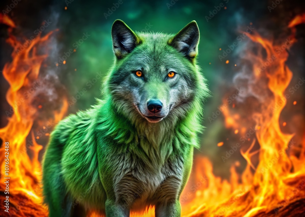 Stunning Documentary Capture of a Green Wolf Against a Dramatic Fire Background, Showcasing Nature's Contrast Between Animal Life and Elemental Fury Stunning Documentary Capture of a Green Wolf Against a Dramatic Fire Background, Showcasing Nature's Contrast Between Animal Life and Elemental Fury