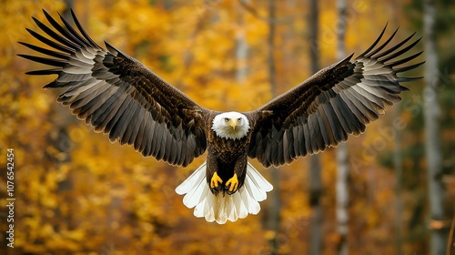 A bald eagle in flight, wings spread wide, looking directly at the camera.