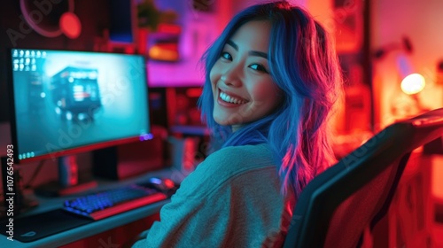 A smiling Asian woman with blue hair sitting in an office chair at a desk.