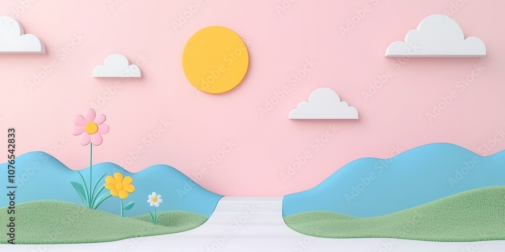 A serene landscape featuring colorful flowers, mountains, clouds, and a sunny sky. A serene landscape featuring colorful flowers, mountains, clouds, and a sunny sky.