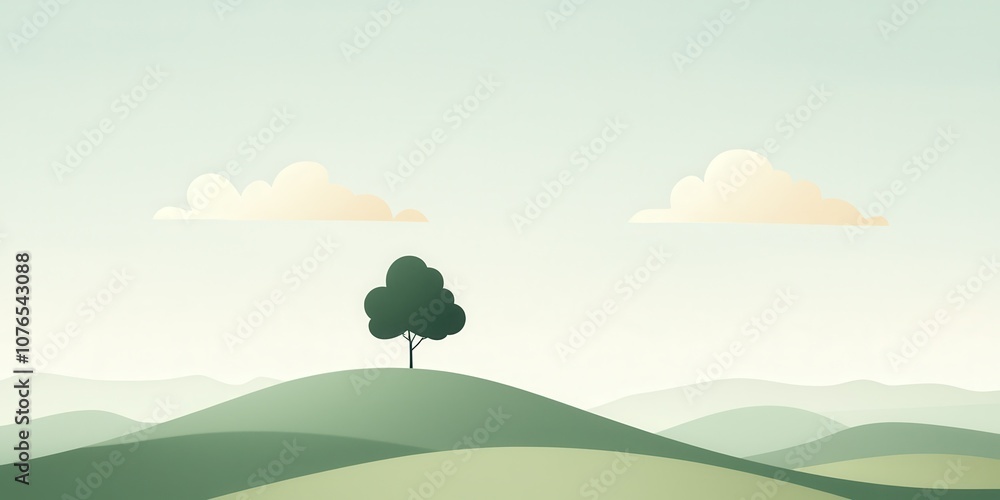 Fototapeta premium A serene landscape with a lone tree on rolling hills under soft, pastel clouds.