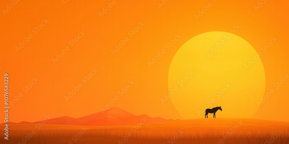A serene silhouette of a horse against a vibrant orange sunset landscape. A serene silhouette of a horse against a vibrant orange sunset landscape.