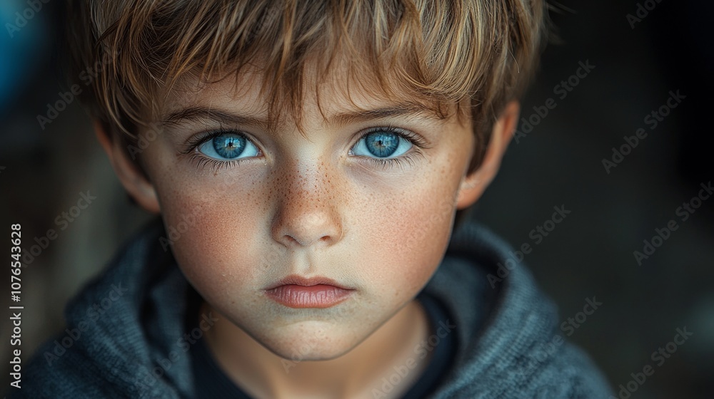 Young boy with striking blue eyes gazes thoughtfully while wearing a gray hoodie in natural light indoors Young boy with striking blue eyes gazes thoughtfully while wearing a gray hoodie in natural light indoors