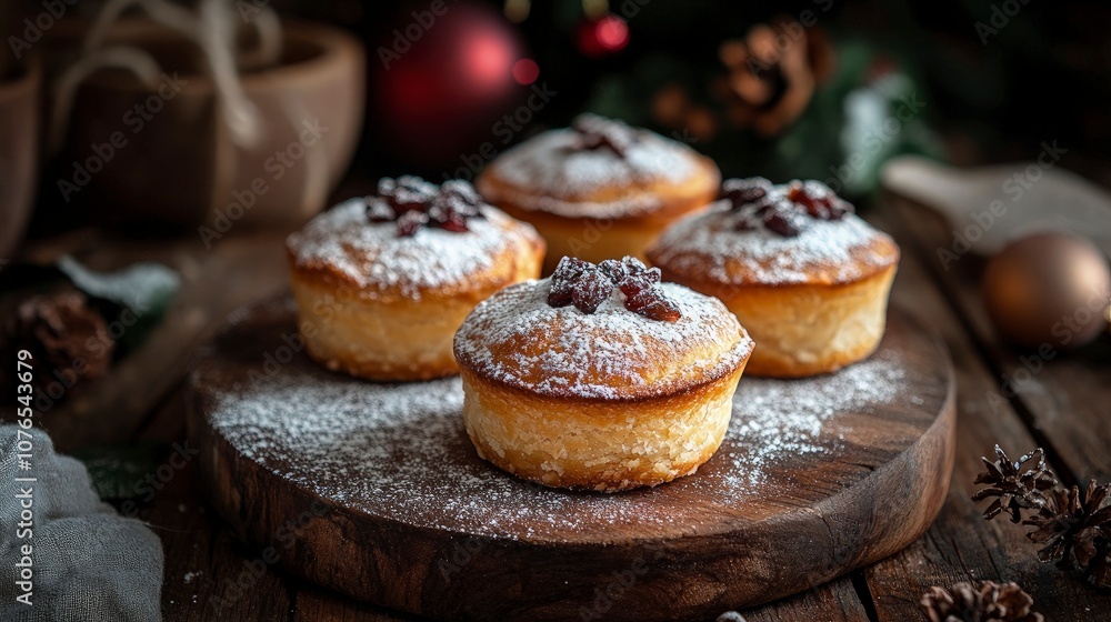 Close-up of Christmas mince pies with a golden pastry crust, filled with spiced fruits, set on a rustic wooden board with powdered sugar dusting, cozy holiday feel Close-up of Christmas mince pies with a golden pastry crust, filled with spiced fruits, set on a rustic wooden board with powdered sugar dusting, cozy holiday feel