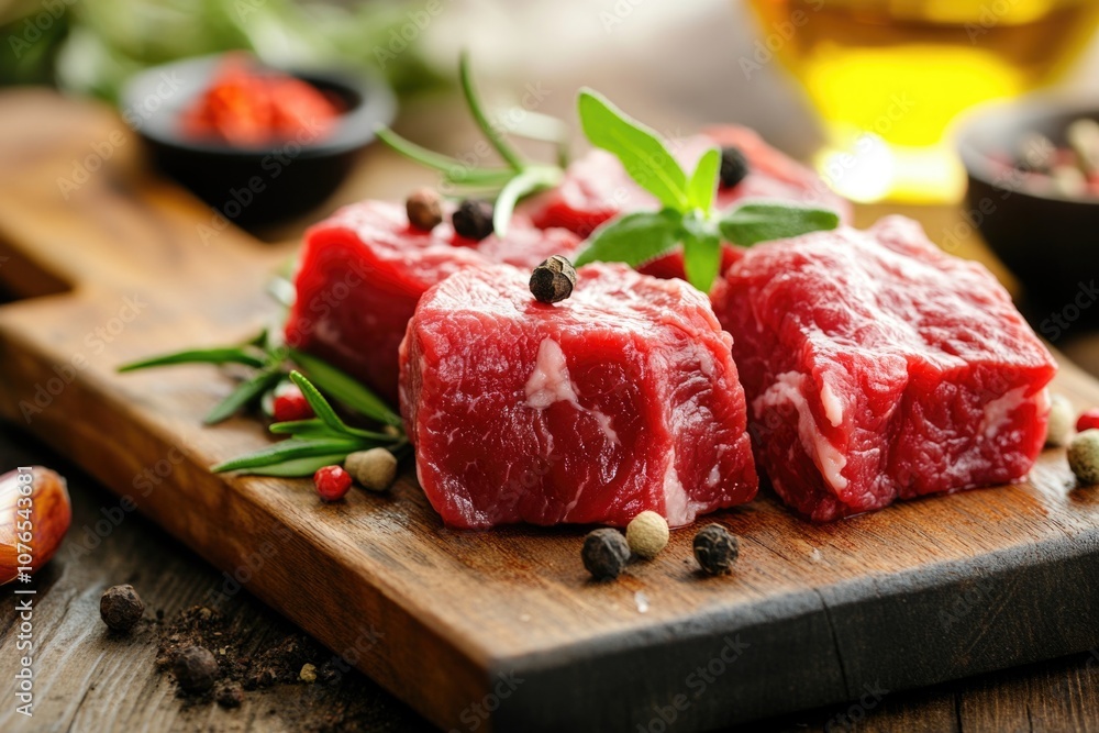 Raw beef meat on a wooden board, by herbs and spices. Raw beef meat on a wooden board, by herbs and spices.