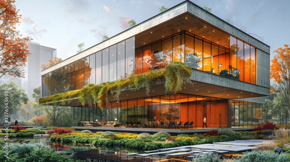 Fototapeta premium Sustainable office building sketch showcasing green roofs, energy-efficient windows, and green facade