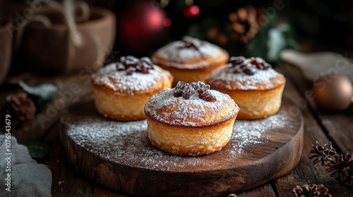 Close-up of Christmas mince pies with a golden pastry crust, filled with spiced fruits, set on a rustic wooden board with powdered sugar dusting, cozy holiday feel