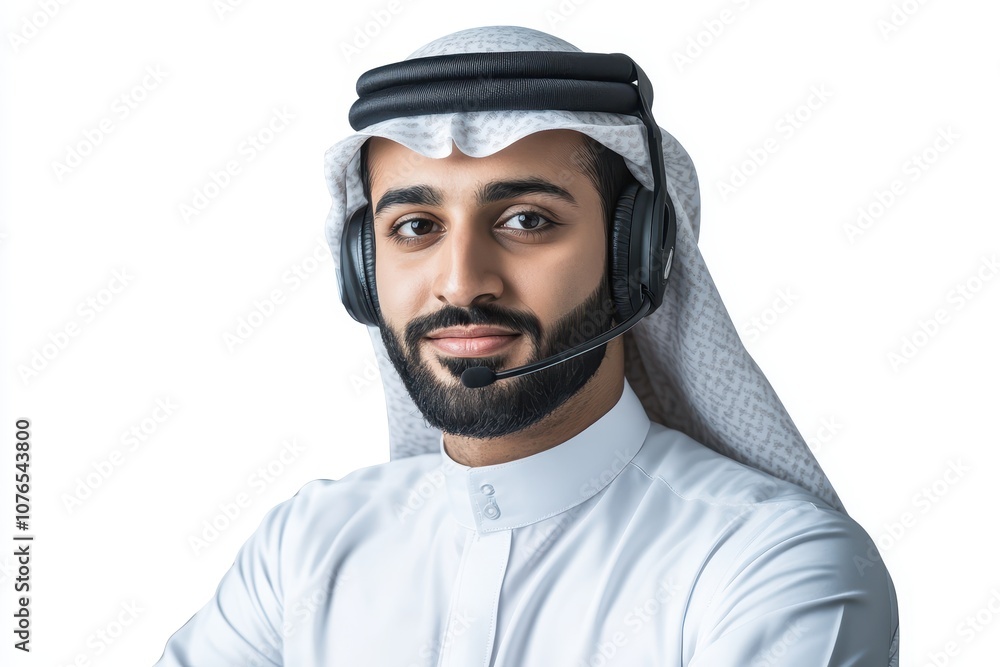 Arab Man Wearing Traditional Headscarf and Headset Arab Man Wearing Traditional Headscarf and Headset