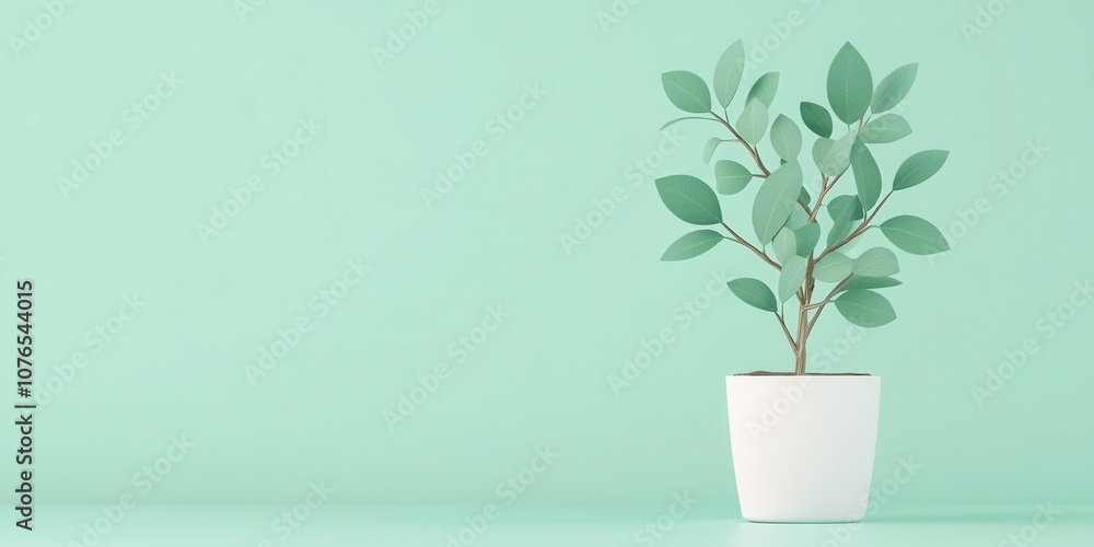 A small green plant in a white pot against a mint green background. A small green plant in a white pot against a mint green background.