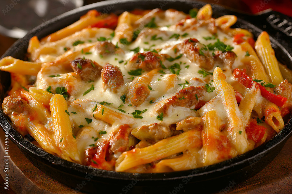 A Skillet of Spicy Sausage and Pepper Pasta with Mozzarella Melted Over Penne, Mixed with Sautéed Red and Green Bell Peppers, and Garnished with Fresh Parsley, Food Photography, Food Menu Photo Image A Skillet of Spicy Sausage and Pepper Pasta with Mozzarella Melted Over Penne, Mixed with Sautéed Red and Green Bell Peppers, and Garnished with Fresh Parsley, Food Photography, Food Menu Photo Image