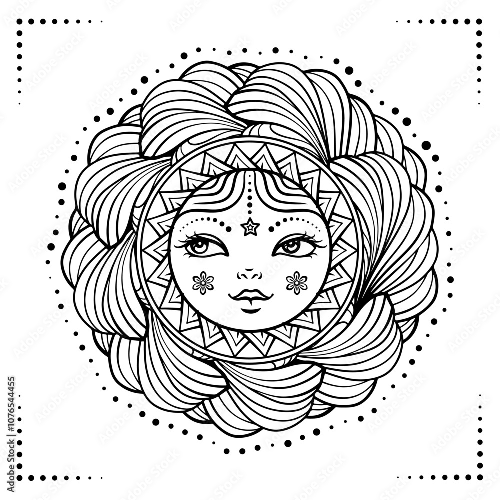 Mystical Sun Goddess black and white vector illustration. Intricate antistress coloring page. Mystical Sun Goddess black and white vector illustration. Intricate antistress coloring page.