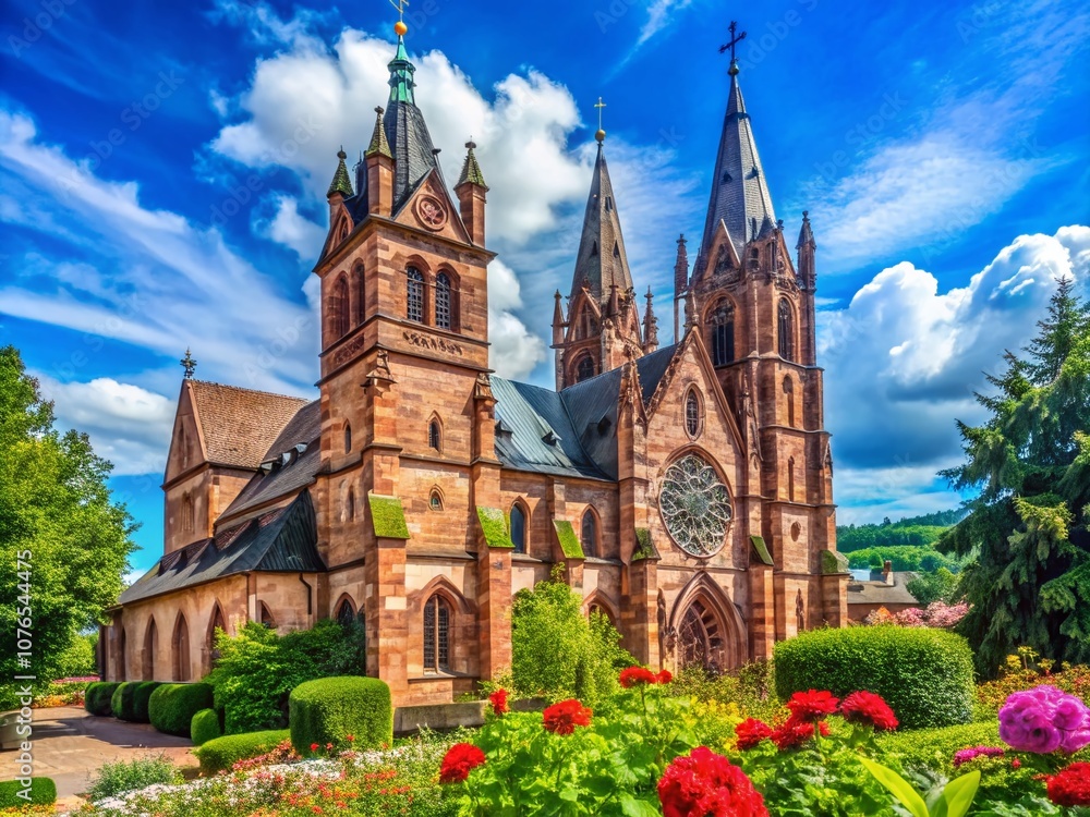 Obraz premium Stunning High Depth of Field Capture of the Main Facade of St. Peter and Paul Church in Obernai, Bas-Rhin, Alsace, France Showcasing Architectural Beauty and Historical Significance