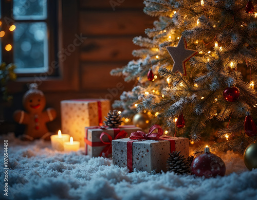 Christmas ball holidays scenic background with snowflakes, wooden table and Christmas decoration