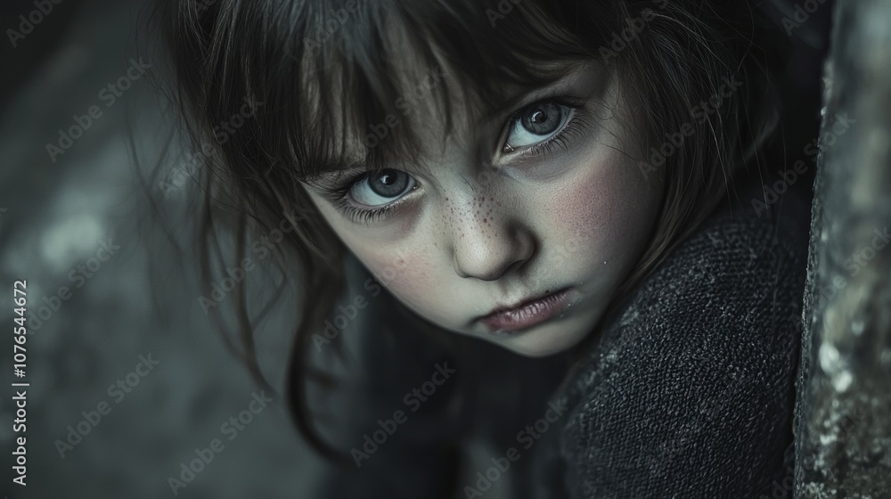 A young child with striking eyes gazes thoughtfully from a shadowy corner during twilight in an urban setting A young child with striking eyes gazes thoughtfully from a shadowy corner during twilight in an urban setting