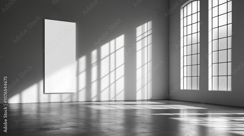 Poster mockup on brick wall, Empty room with large windows and sunlight casting shadows Poster mockup on brick wall, Empty room with large windows and sunlight casting shadows