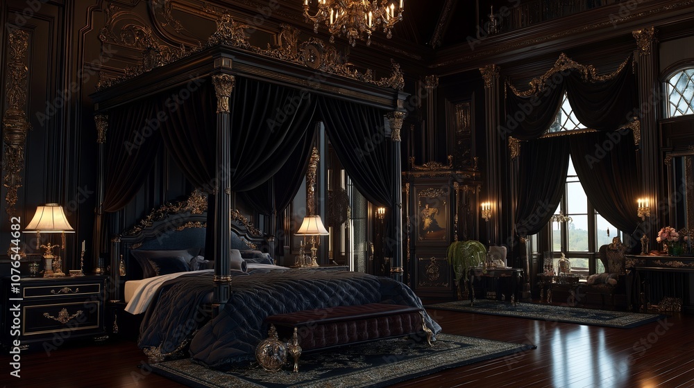 Fototapeta premium Opulent Bedroom with Four-Poster Bed and Velvet Drapes