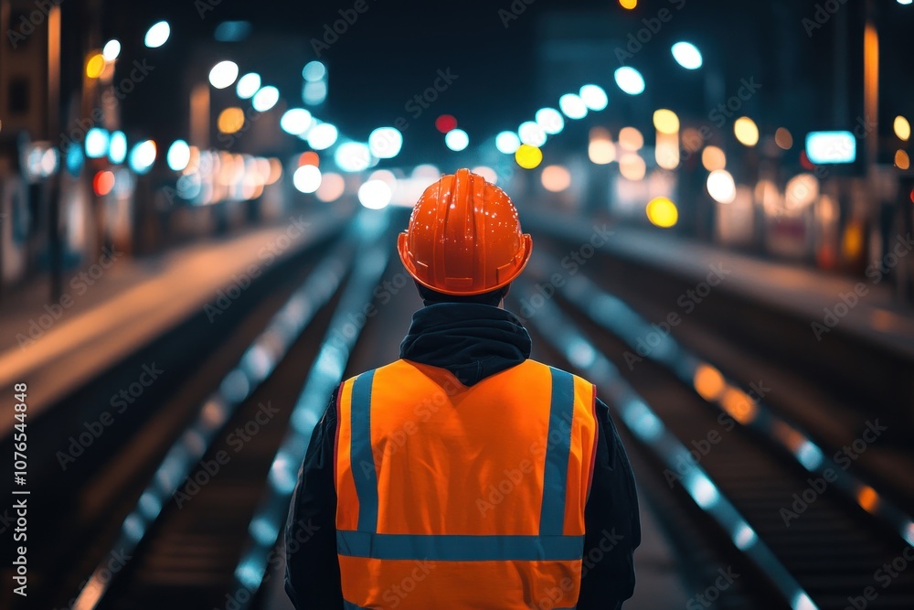 Construction Worker Standing on Train Tracks Construction Worker Standing on Train Tracks