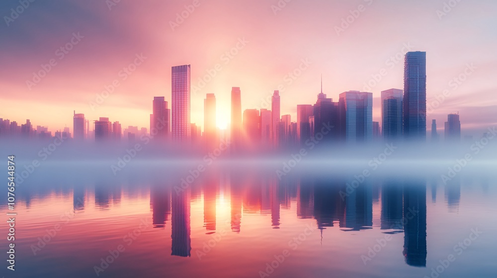 Urban Skyline Reflected in Misty Waters During a Vibrant Twilit Sunrise Urban Skyline Reflected in Misty Waters During a Vibrant Twilit Sunrise