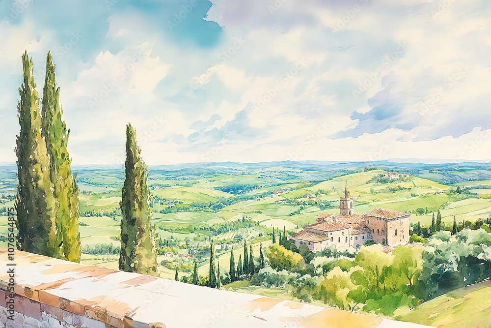 Obraz premium Acrylic painting of an italian landscape in the tuscany with castle, road with cypress a lake in the bak and a little chapel on a hill 