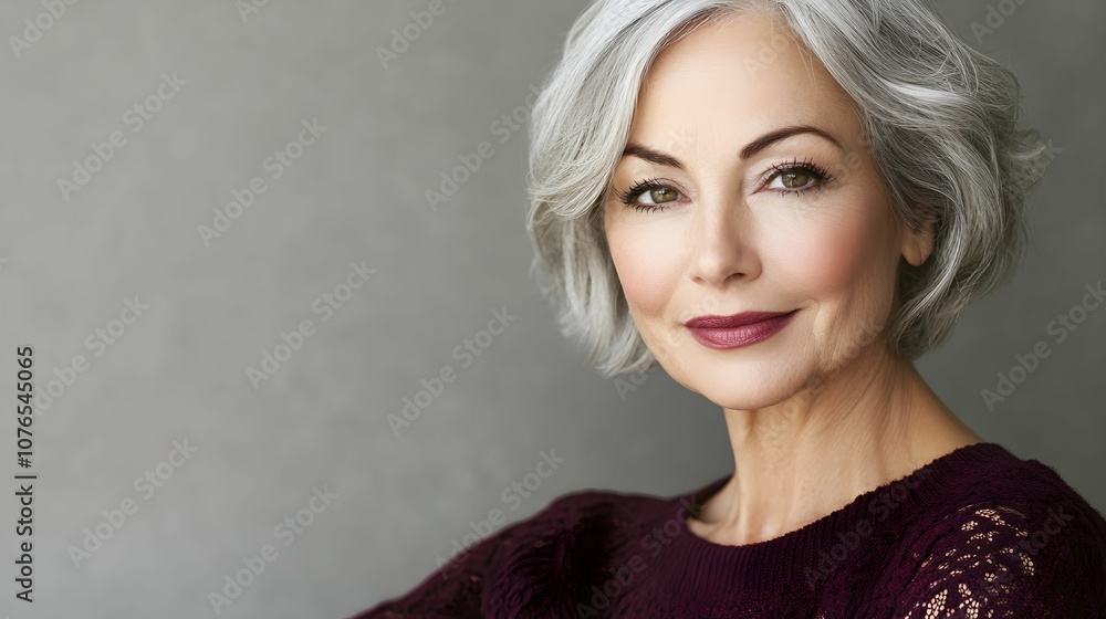 Obraz premium świąteczny portret, kobieta dojrzała, siwe włosy, bordowy sweter, minimalistyczne tło, szare tło, świąteczna elegancja, luksusowy styl, delikatny makijaż, subtelny uśmiech, minimalistyczny wygląd, ele