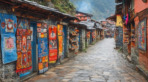 Colorful Rugs and Carpets for Sale on a Cobblestone Street in a Village