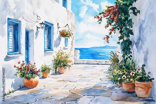 Fototapeta Naklejka Na Ścianę i Meble -  hand drawn watercolor painting of Greek house. architecture painting with building, house, stairs, blue door, white wall, house plants, alley, bougainvillea flowers and sunny sky
