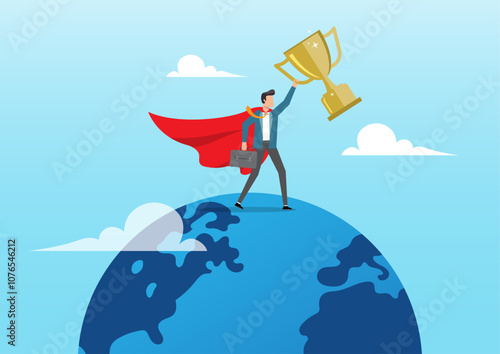 businessman superhero with award prize trophy winner on planet earth