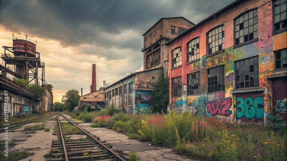 A dramatic image of an abandoned industrial complex. The buildings are covered in graffiti and overgrown with vegetation. A railway track runs through the scene, leading the eye into the distance. A dramatic image of an abandoned industrial complex. The buildings are covered in graffiti and overgrown with vegetation. A railway track runs through the scene, leading the eye into the distance.